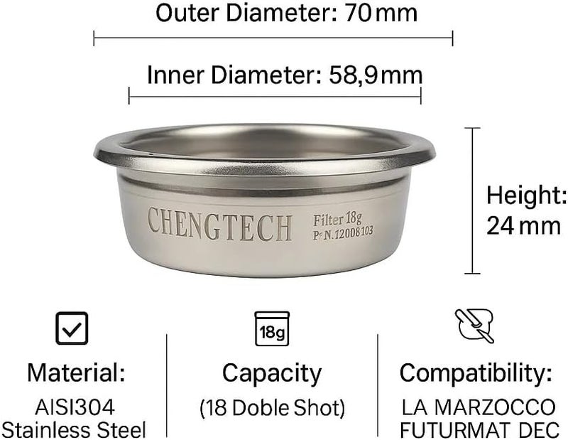 Chengtech Espresso Accessories, 18g Standard Espresso Basket – Flat Bottom Design, 0.3mm Precision Holes, Balanced Flow for Consistent Daily Espresso, Compatible with 58mm Portafilters - Image 2
